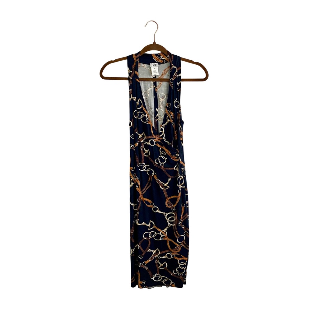 Cache Vintage Equestrian Belt Chain Print Wrap Dress Y2K Sleeveless Halter Midi